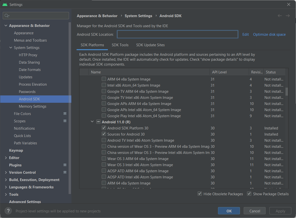 Android Studio, настройки Android SDK: вкладка SDK Platforms