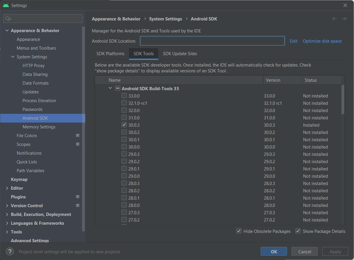 Android Studio, настройки Android SDK: вкладка SDK Tools, установлены Build-Tools 30.0.3